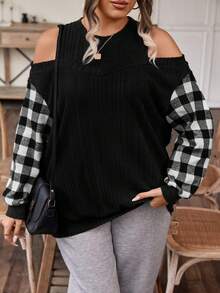 SHEIN LUNE Plus Contrast Gingham Print Cold Shoulder Sweatshirt - Multicolor - View 6