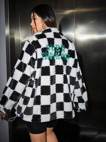 SHEIN Coolane Plus Checker Print Embroidery Letter Drop Shoulder Flannelette Jacket - Black and White - View 3