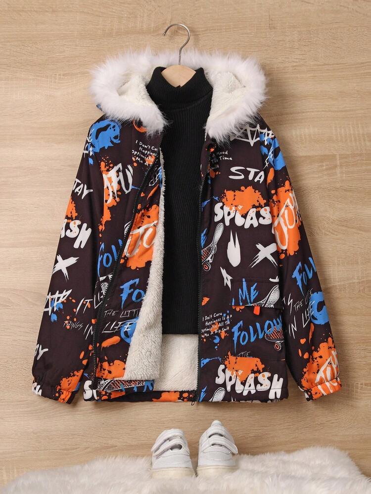 Tween Boy Letter Graphic Fuzzy Trim Hooded Thermal Lined Coat Without Sweater