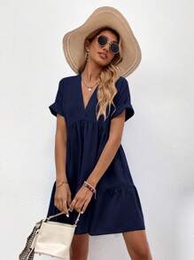 SHEIN LUNE Roll Up Sleeve Ruffle Hem Smock Dress