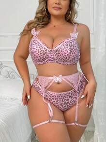 大碼豹紋蕾絲拼接鋼圈吊帶襪內衣套裝 - 彩色 - 查看 5