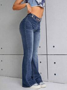 SHEIN ICON Jeans de pierna amplia con estampado floral - Azul lavado oscuro - Ver 1