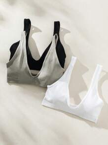 3pcs Solid Ribbed Knit Bralette - Multicolor - View 3