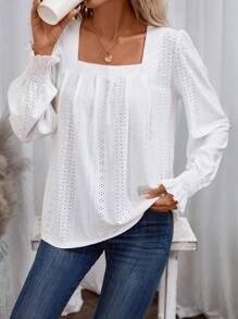 SHEIN VCAY Cổ vuông Schiffy Áo thun - trắng - Xem 5