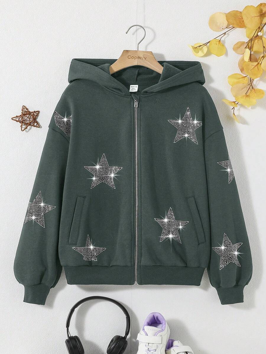 SHEIN Teen Girl Rhinestone Star Pattern Drop Shoulder Zipper Hoodie - Green - View 1