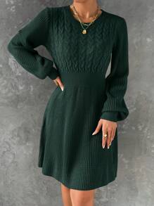 EMERY ROSE Cable Knit Lantern Sleeve Sweater Dress Fall Winter Cloth For Women - Dark Green - View 4