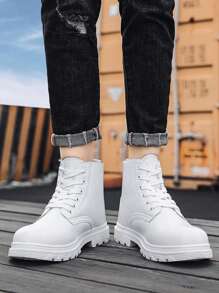Men Lace-up Front Combat Boots, Minimalist White Boots - White - View 1