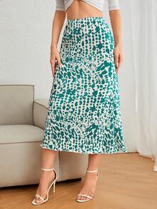 SHEIN Privé 滿版印花生菜邊半身裙 - 綠色 - 查看 5