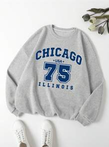 SHEIN EZwear 大碼字母圖案加絨內裏運動衫 - 灰色 - 查看 1