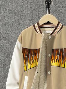 SHEIN 男大童字母圖案條紋飾邊加絨內裏學院風夾克 - 卡其色 - 查看 4