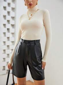 SHEIN Essnce 高腰PU皮革短褲 - 黑色 - 查看 5
