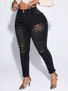 SHEIN SXY Hơn Cao eo Rách Cắt Thô Quần jean ôm - màu đen - Xem 4