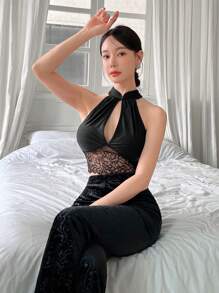 EastFlair 女式蕾絲&中空設計夏季背心，飾有傳統結扣 - 黑色 - 查看 6