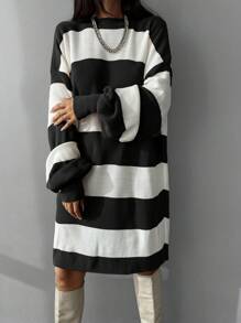 EURMUSE Striped Drop Shoulder Sweater Dress Without Belt - Black and White - View 5