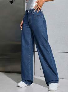 SHEIN ICON Coolmax斜口袋寬腳牛仔褲 - 藍色 - 查看 5