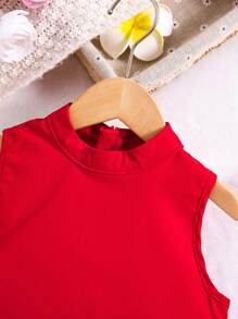 SHEIN Young Girl Elegant And Dark Green Stand Collar A-Line Dress, With Fluffy Hemline And Long Sleeves, Suitable For Summer, Outings, Parties, And Various Occasions, Featuring Graceful And Sweet Wearing, Fashionable And Comfortable,Holiday,Summer,Travel - Red - View 4
