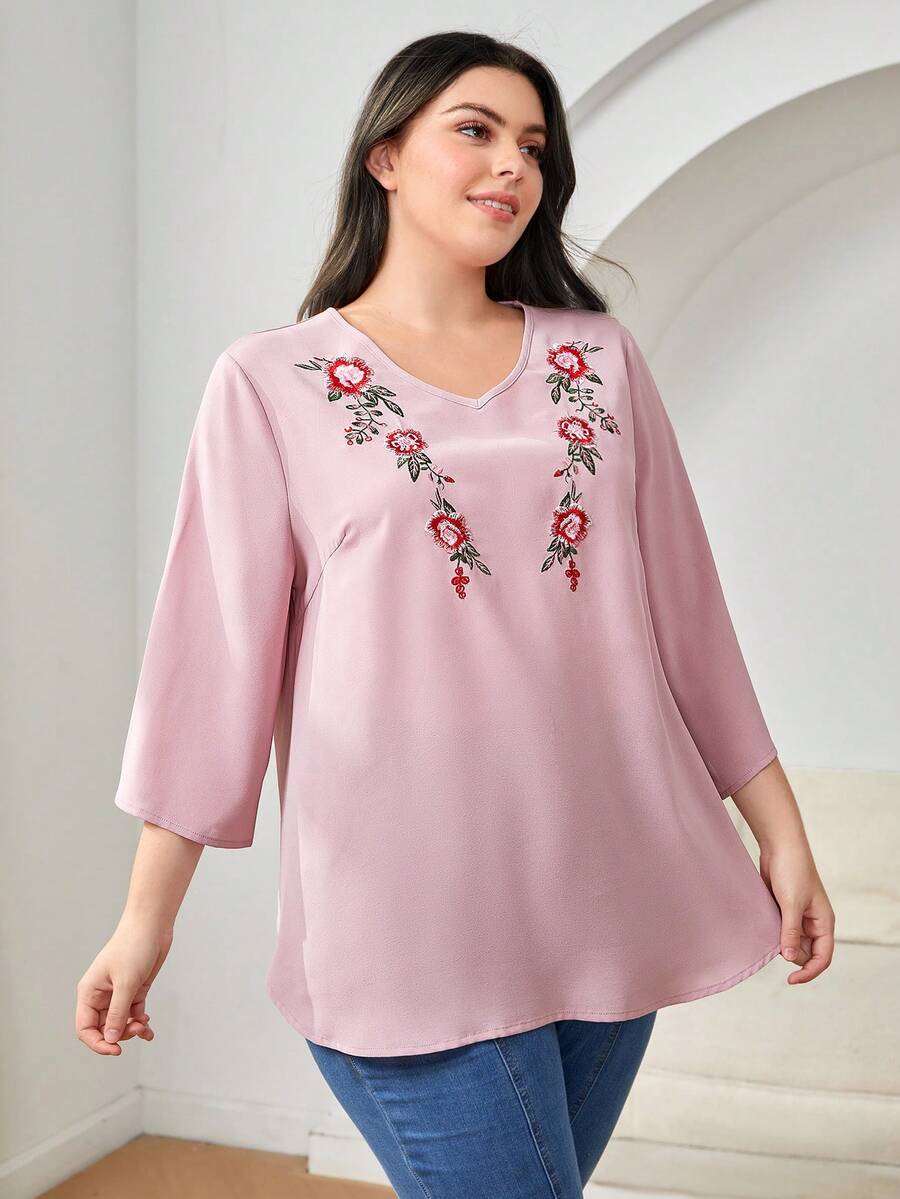 Mulvari Plus Floral Embroidery V Neck Blouse - Pink - View 1