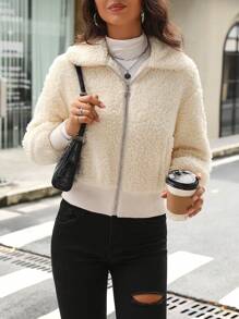 SHEIN LUNE 拉链泰迪女式冬季服装保暖加厚棉服外套 - 米色 - 查看 5