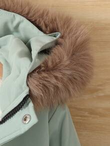 SHEIN 男小童毛茸邊毛絨內襯連帽外套無毛衣 - 綠色 - 查看 5