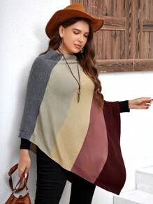 EMERY ROSE 加大色块蝙蝠袖不对称下摆斗篷毛衣，适合冬季 - 彩色 - 查看 4