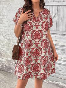 SHEIN LUNE Plus Allover Print Notched Neckline Batwing Sleeve Tunic Dress - Red - View 1