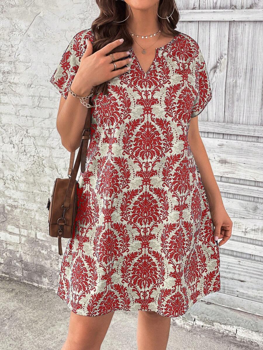 SHEIN LUNE Plus Allover Print Notched Neckline Batwing Sleeve Tunic Dress - Red - View 1