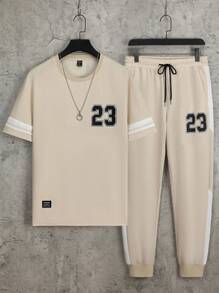 Manfinity Homme Men Letter Graphic Contrast Side Seam Tee & Drawstring Waist Sweatpants