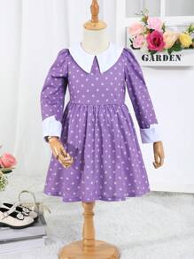 SHEIN Young Girl Allover Print Contrast Collar Dress - Mauve Purple - View 1