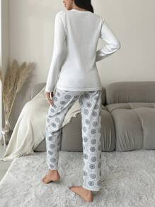 RueChic Floral And Slogan Graphic White Top & Pants PJ Set - White - View 2