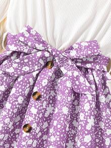 SHEIN 女小童碎花繫腰帶洋裝 - 紫色 - 查看 4