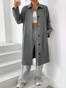 SHEIN EZwear 素色前紐扣落肩袖長款超大襯衫 - 灰色 - 查看 1