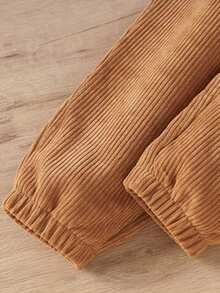 女小童紐扣細節斜口袋燈芯絨長褲 - 棕色 - 查看 4