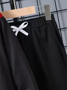 2pcs/Set Tween Boys Abstract Smiling Face Print Patchwork Hooded Sweatshirt And Elastic Waist Jogger Pants Set, Spring Fall - Red - View 3