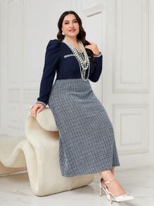 Modelyn Plus Plaid Print Puff Sleeve Contrast Trim Dress - Navy Blue - View 1