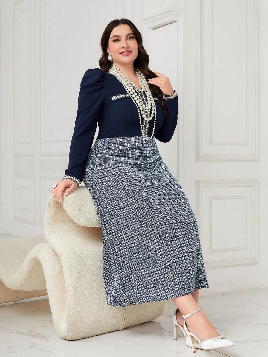 Modelyn Plus Plaid Print Puff Sleeve Contrast Trim Dress - Navy Blue - View 1