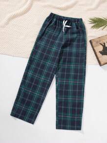 SHEIN 青少年女孩格紋印花腰部抽繩長褲 - 藍色 - 查看 1