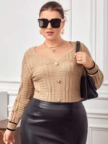 SHEIN Privé Plus Button Front Contrast Trim Sweater - Khaki - View 4