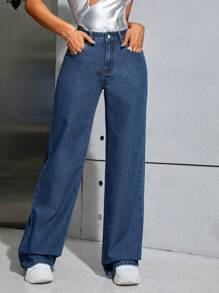 SHEIN ICON Coolmax斜口袋寬腳牛仔褲 - 藍色 - 查看 3