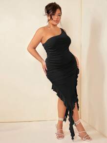 SHEIN SXY Plus One Shoulder Drawstring Ruched Asymmetrical Hem Dress - Black - View 3