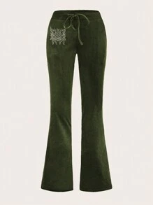 SHEIN ICON Y2k Pink Colorblock High Waist Academy Style Print Tight Flared Pants - Dark Green - View 1