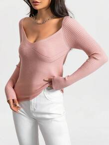 Chiquease Solid Ribbed Knit Tee Knit Pullover Sweater Fall Winter - Camel - View 5