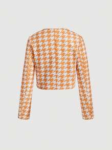 SHEIN MOD Họa tiết Nanh sói Ngắn Len Áo khoác - trái cam - Xem 2