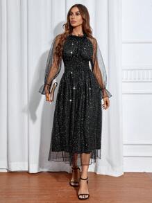 Contrast Sequin Mesh Overlay Flounce Sleeve Dress - Black - View 7