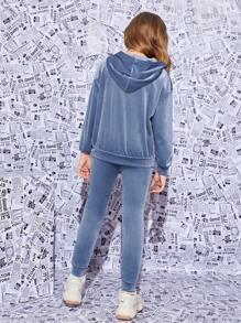 SHEIN Leap Crew Tween Girl Letter Embroidery Drop Shoulder Velvet Hoodie & Sweatpants - Teal Blue - View 2