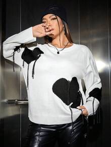 SHEIN EZwear Hơn Hình trái tim Thả vai Áo len - Đen và trắng - Xem 3
