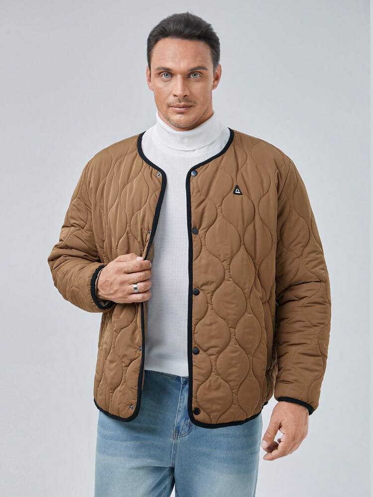 Men Plus Size Letter Patched Contrast Binding Quilted Coat, For Fall Winter
