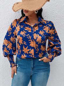 SHEIN VCAY 大碼印花燈籠袖襯衫 - 彩色 - 查看 3