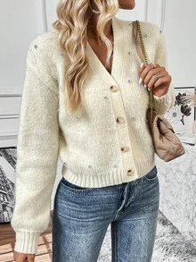 SHEIN LUNE 前紐扣落肩袖開襟衫 - 白色 - 查看 4