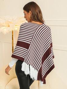 SHEIN Clasi Mẫu sọc Viền rìa Áo len Poncho - Cà phê nâu - Xem 2