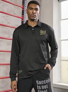 Gym Rark Boyfriend Style Men Slogan Graphic Polo Neck Sports Polo Shirt Workout Tops Golf Shirt - Black - View 1